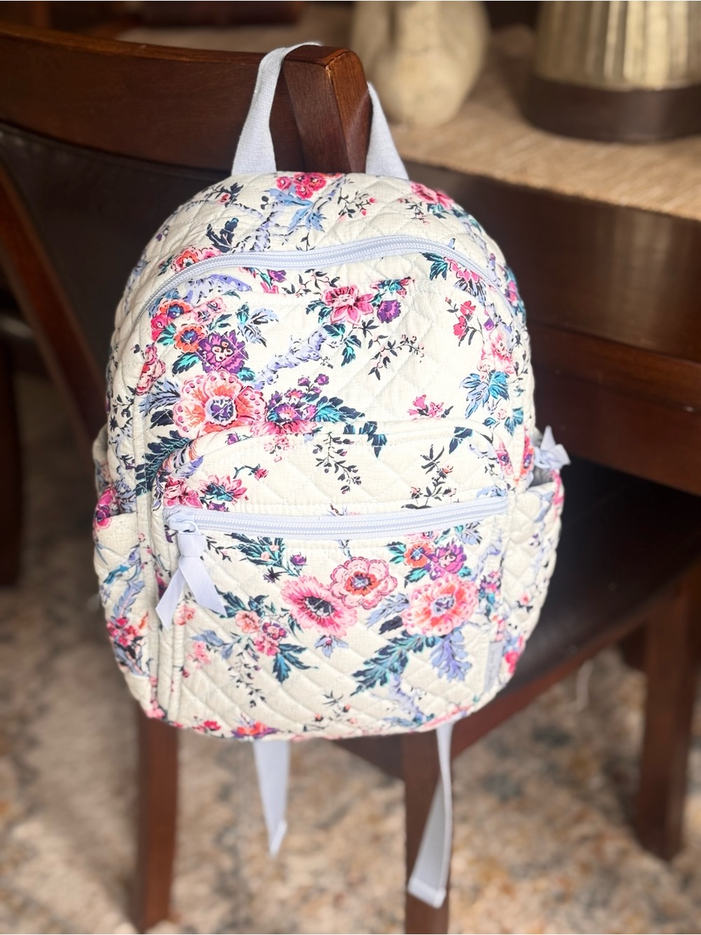 Vera Bradley White Floral Quilted Backpack with Pink and Blue Flowers - Picture 1 of 8
